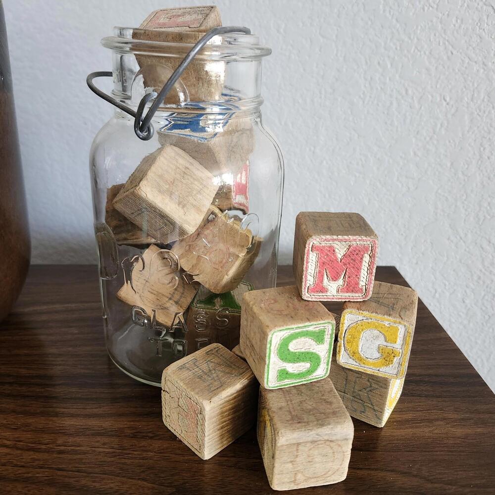 Vintage Junk Jar Presto Canning Jar No Lid Wooden Letter Blocks Antique Decor